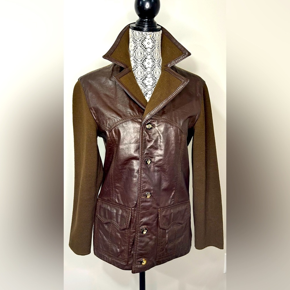 Vintage 1960’s brown leather and knit sweater jacket. Made in Spain
